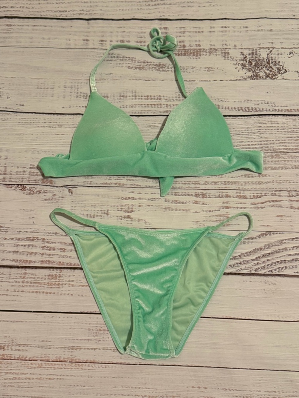 Pretty Little Thing Velvet Mint Green Bikini 2 Piece Bathing suit Women’s Size 4